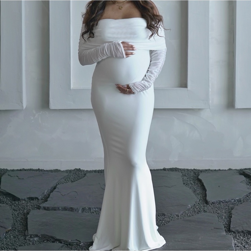PRETTY PERFECT MATERNITY RUCHED MESH BARDOT MAXI DRESS
